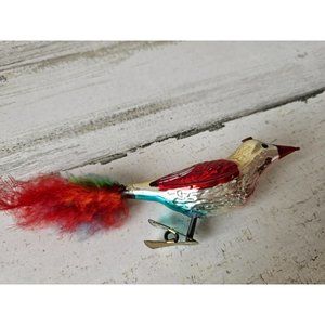 Vintage bird clip Western Germany as is glass mercury ornament feather Xmas tree